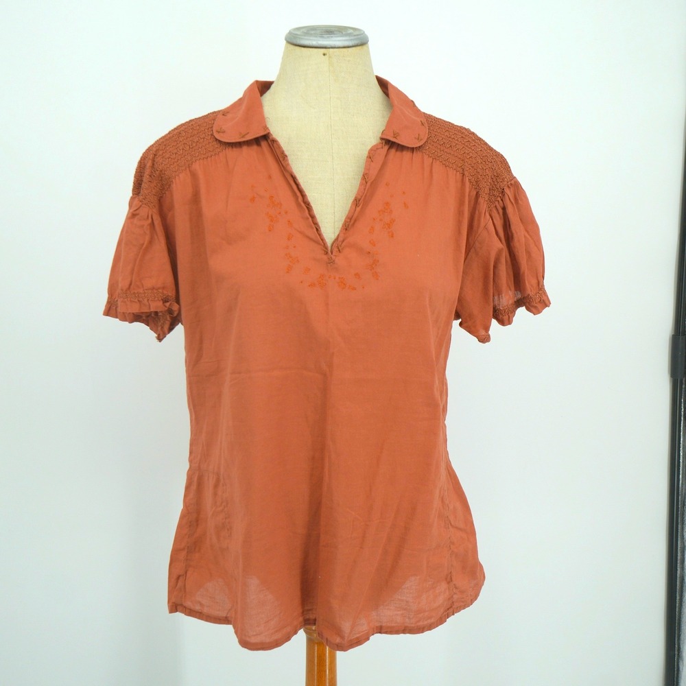 Kuhl Top Women Large Brown Rust Cotton Embroidered Smocked V-Neck Short Sleeve